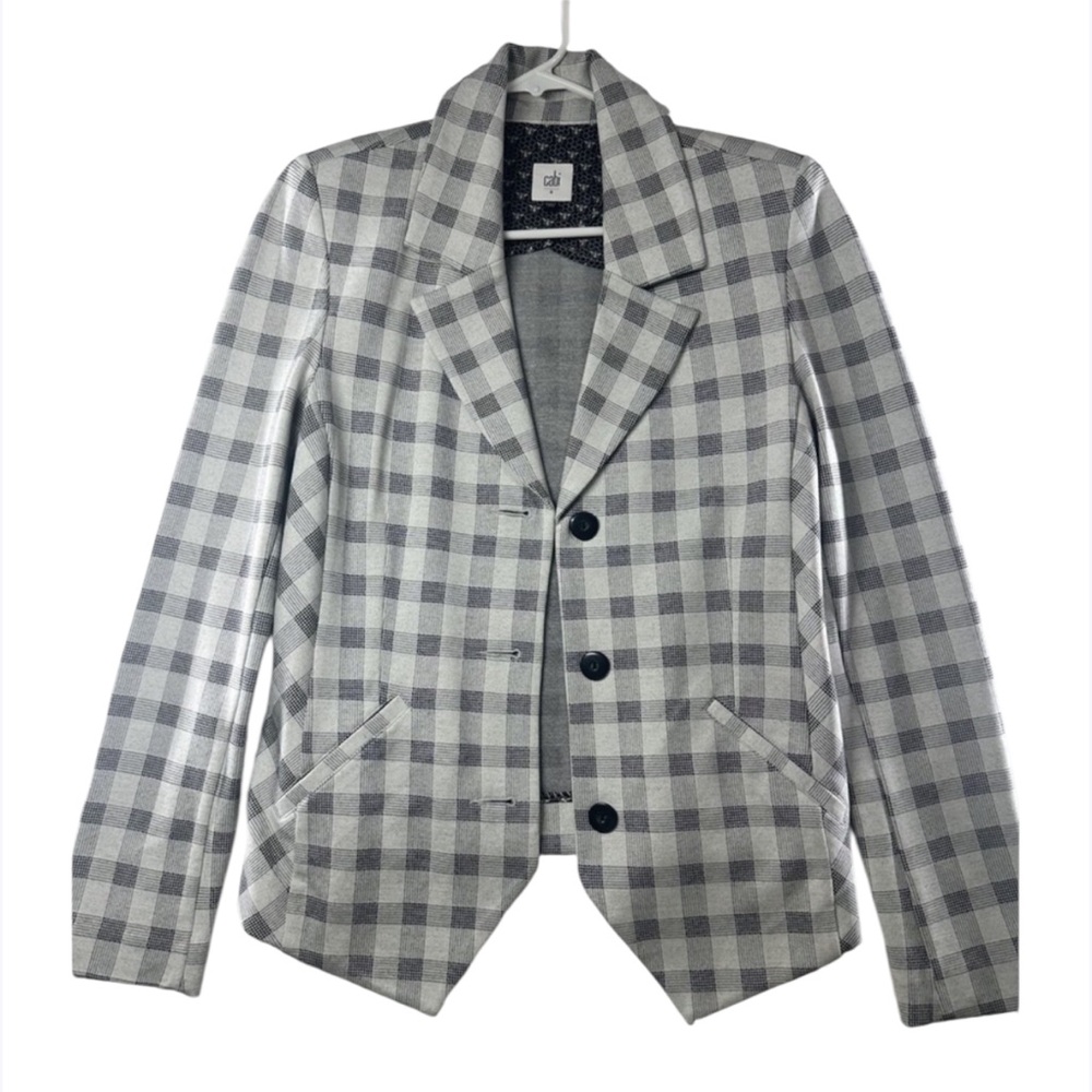 Cabi Valentina Blazer  Gray Plaid Checked Jacket‎ Knit Size 8